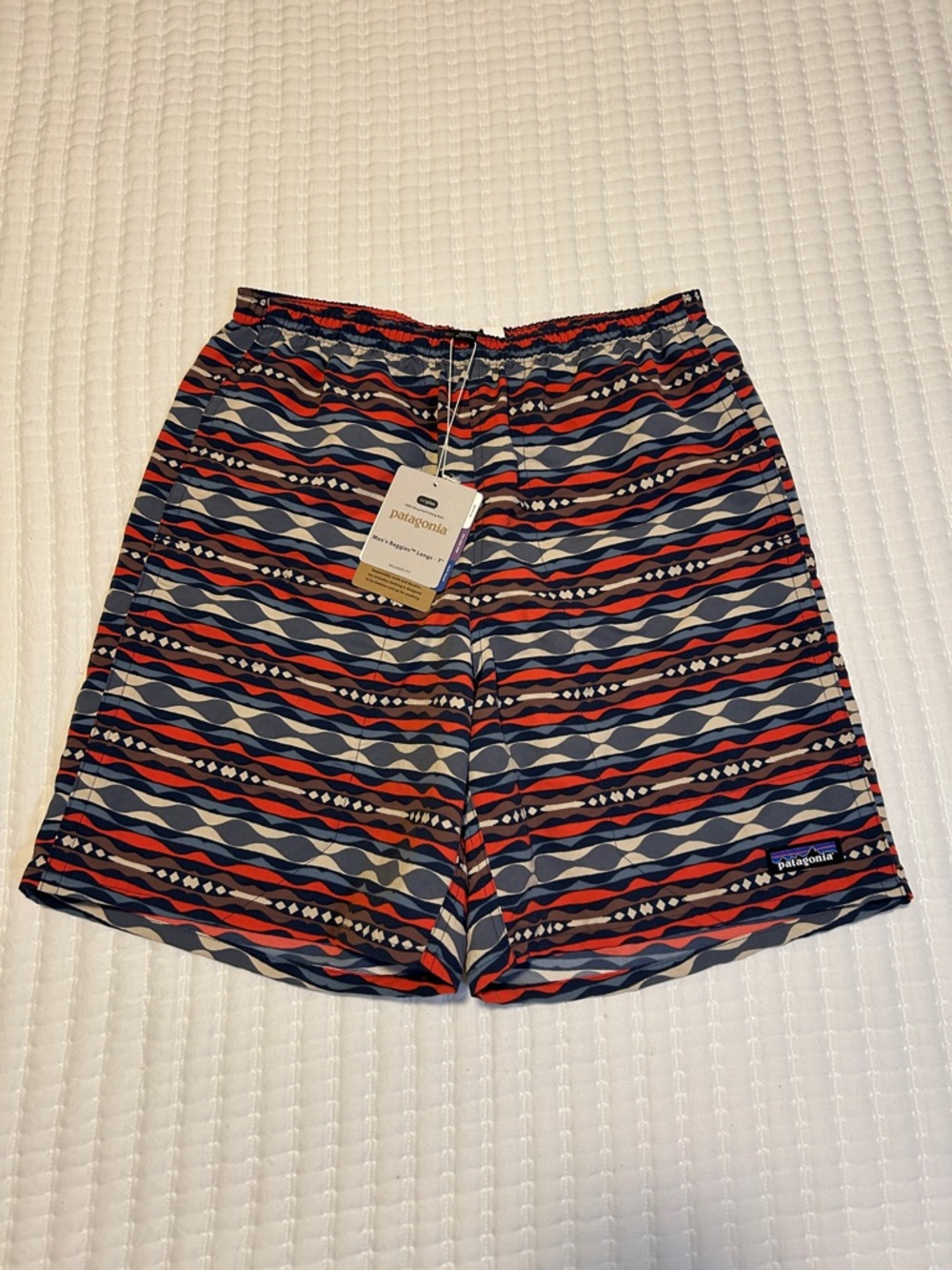 Patagonia Men’s Baggies 7” Red, Navy & Cream Geometric Swim Trunks